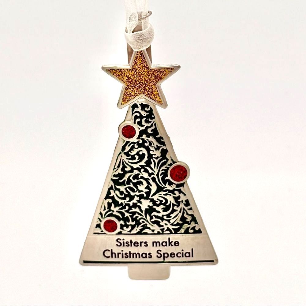 Ganz Pewter Sisters Christmas Tree Ornament with Sparkly Star & Red Accents 2020